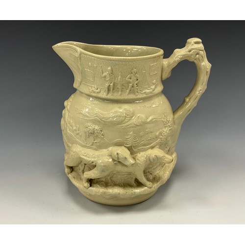 1182 - A 19th century C. J. Mason stoneware jug, To Ho, moulded in grey relief with pointer dogs, after Edw... 