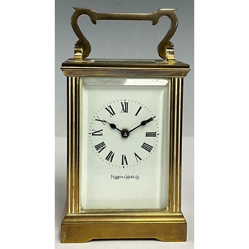 362 - A Mappin & Webb Ltd brass and lacquer carriage clock, fluted columns, bevelled glass, shaped carryin... 