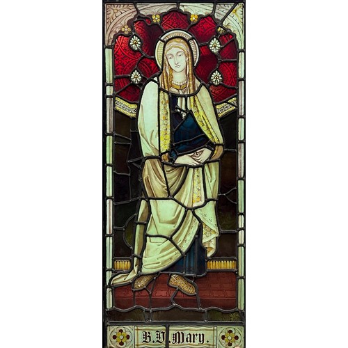 2053 - A Church stained glass window panel, The Blessed Virgin Mary, standing haloed, downcast gaze, 117cm ... 