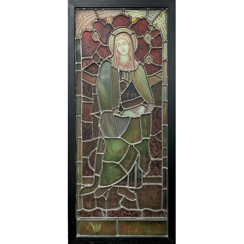 2053 - A Church stained glass window panel, The Blessed Virgin Mary, standing haloed, downcast gaze, 117cm ... 