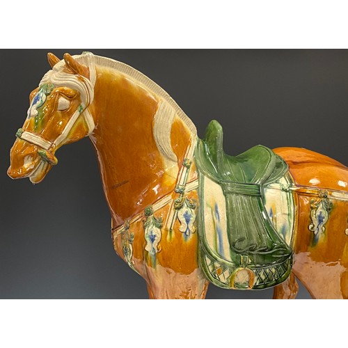 1419 - A large Tang Chinese style stoneware horse, Sancai type glaze, standing 81cm high x 87cm long