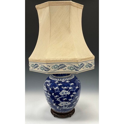 1380 - A 19th century Chinese export porcelain blue and white ginger jar later converted to a table lamp,  ... 