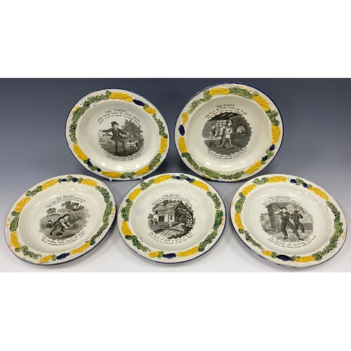 1234 - A set of five Prattware children’s pearlware nursery plates, ‘The Sower’, ‘The Reaper’,’The Thrasher... 