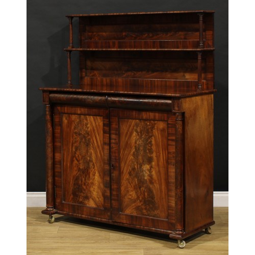 1631 - An early Victorian mahogany chiffonier, the superstructure with two shelves, rectangular top above a... 