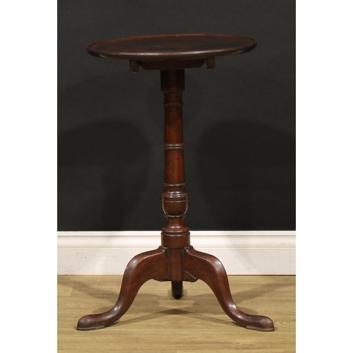 1774 - A George III mahogany tripod wine table, dished circular top, turned column, cabriole legs, pointed ... 