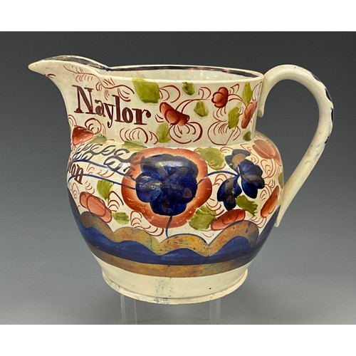 1247 - An early 19th century pearlware Gaudy Welsh jug, inscribed ‘Joseph Naylor Clickheaton’, c.1840, 18cm... 