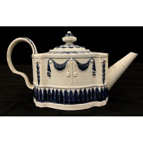 1205 - A Hawley blue and white pearlware teapot, in the commode shape, moulded in relief with linen swags a... 