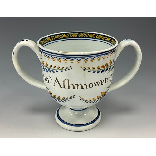 1209 - A late 18th century Prattware loving cup, inscribed  ‘Thos Afhmower.1795’, 13cm high