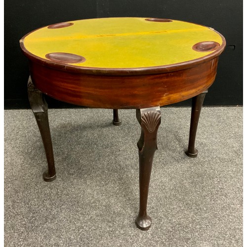 1539 - A George II mahogany games table, circular top enclosing a baize lined playing surface and counter w... 