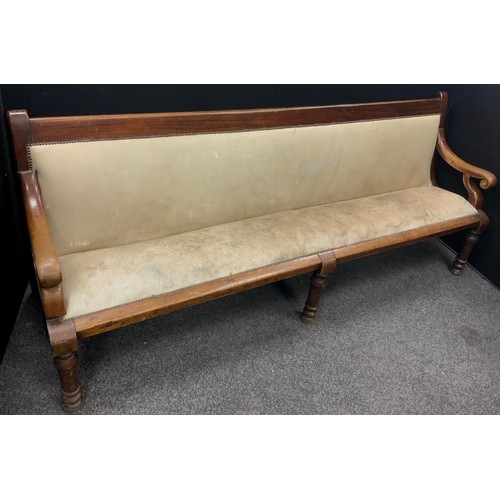 1903 - A George IV mahogany hall settle, scroll arm terminals, s-shape arm supports, leather upholstered, t... 