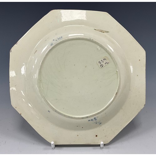 1203 - A English creamware Plate, octagonal shape with moulded border, painted blue detail, 15.3cm wide, c.... 