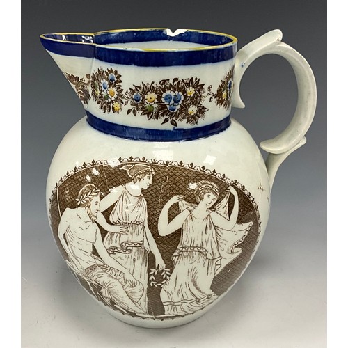 1187 - A 19th century pearlware blue and white transfer-printed pitcher, decorated with a Boy on a Buffalo,... 