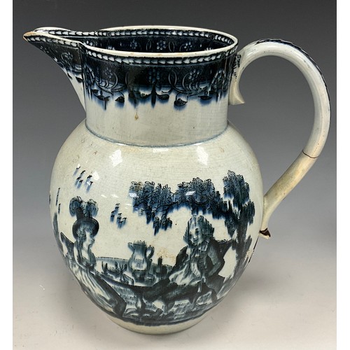 1187 - A 19th century pearlware blue and white transfer-printed pitcher, decorated with a Boy on a Buffalo,... 