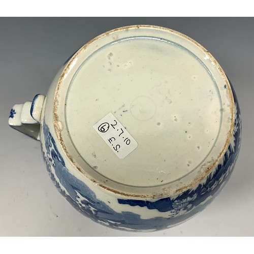 1187 - A 19th century pearlware blue and white transfer-printed pitcher, decorated with a Boy on a Buffalo,... 