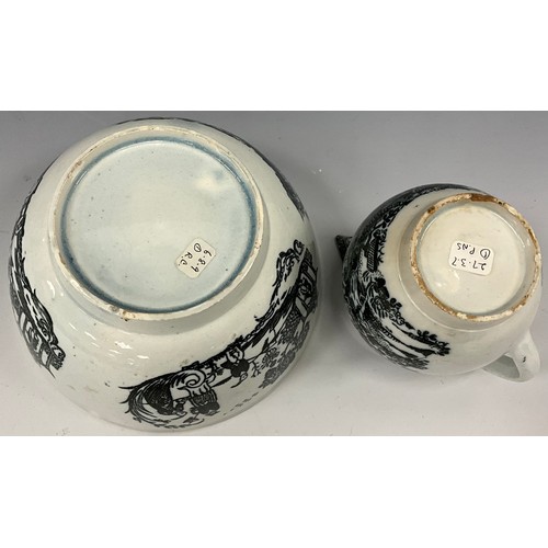 1201 - A early 19th century pearlware milk jug, 9cm high and a  sugar bowl, 13.3cm diameter, black transfer... 