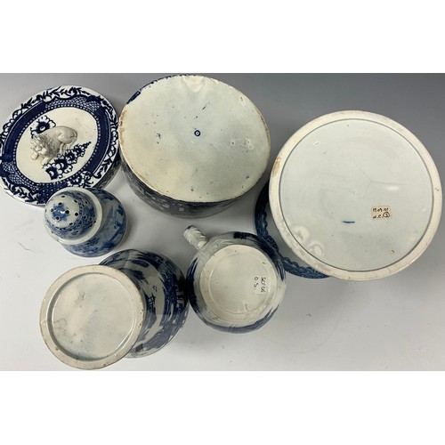 1164 - 19th century blue and white pearlware, transfer printed including an oval tea caddy, recumbent lion ... 