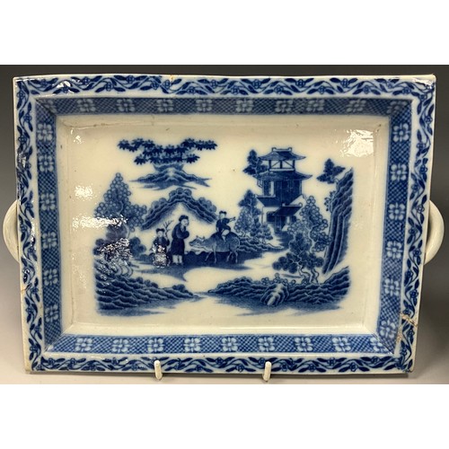 1172 - A 19th century blue and white quatrefoil lobed dish, transferred oriental decoration, possible Staff... 