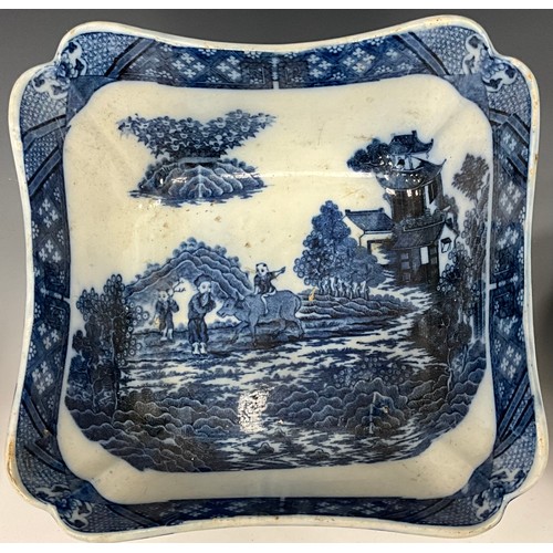 1172 - A 19th century blue and white quatrefoil lobed dish, transferred oriental decoration, possible Staff... 