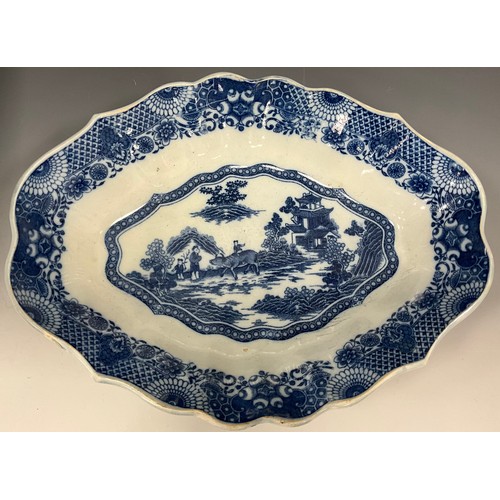 1172 - A 19th century blue and white quatrefoil lobed dish, transferred oriental decoration, possible Staff... 