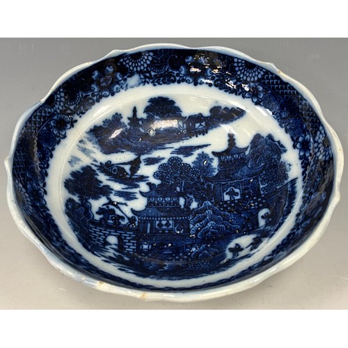 1172 - A 19th century blue and white quatrefoil lobed dish, transferred oriental decoration, possible Staff... 