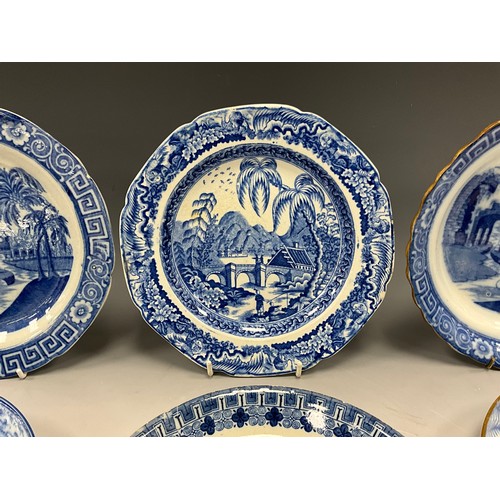 1163 - 19th century blue and white pearlware plates, transfer printed including a children fishing and brid... 