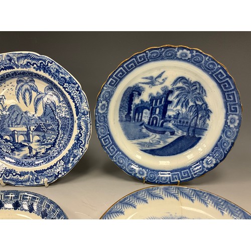 1163 - 19th century blue and white pearlware plates, transfer printed including a children fishing and brid... 