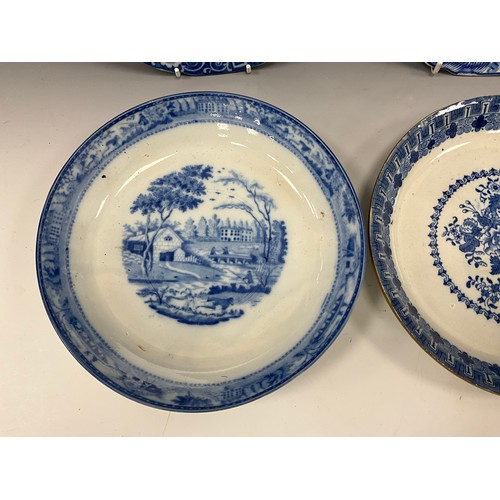 1163 - 19th century blue and white pearlware plates, transfer printed including a children fishing and brid... 