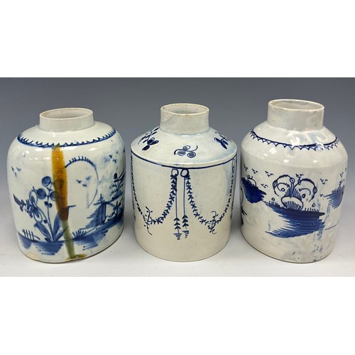 1159 - 18th century English pearlware tea caddies including a caddy, painted pagodas in formal gardens, c.1... 