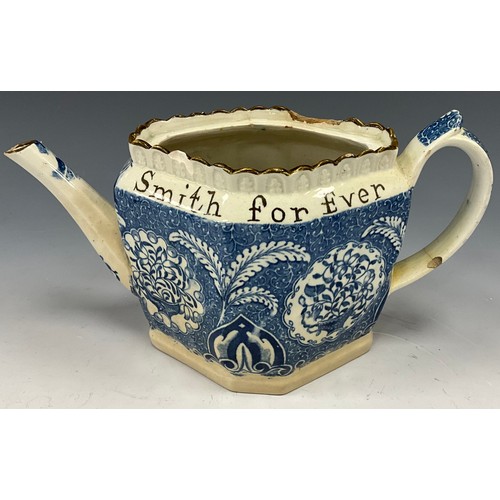 1158 - 18th century blue and white pearlware tea pots including a Smith for Ever tea pot, 13cm high, c.1790... 