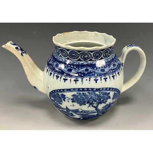 1157 - 18th century blue and white pearlware tea pots including a Swansea tea pot, fluted body, decorated w... 