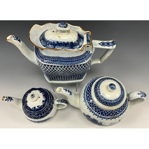 1168 - 19th century pearlware tea pots including a pearlware teapot printed under glaze with a basket weave... 