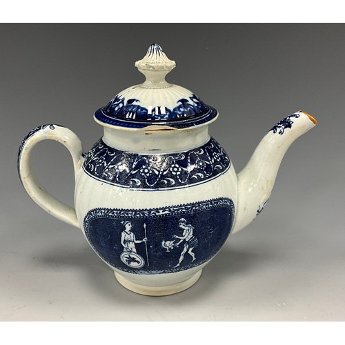 1168 - 19th century pearlware tea pots including a pearlware teapot printed under glaze with a basket weave... 