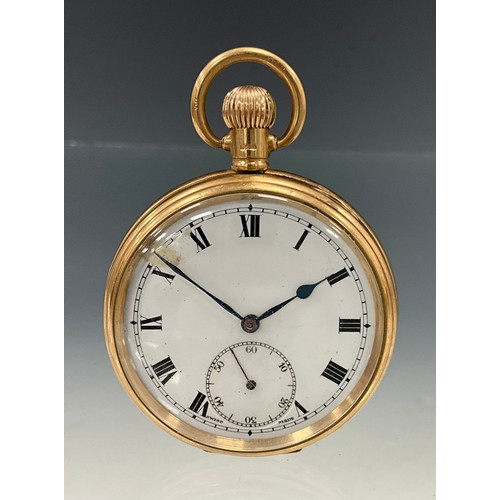 507 - A George V 9ct gold pocket watch, white enamel dial, bold Roman numerals, subsidiary seconds, blue h... 