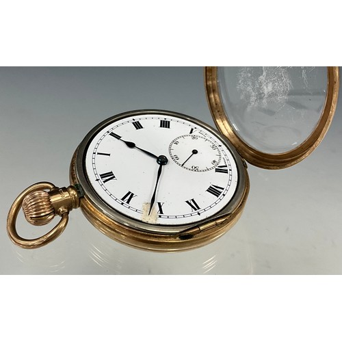 507 - A George V 9ct gold pocket watch, white enamel dial, bold Roman numerals, subsidiary seconds, blue h... 