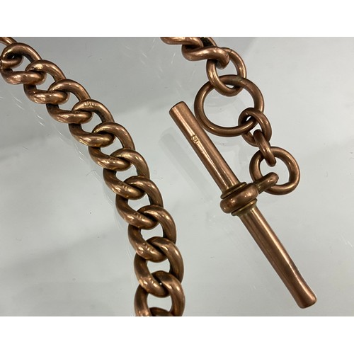 692 - An Edwardian 9ct rose gold Albert chain, T-bar and suspension loop terminals, 40cm long, marks worn ... 