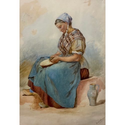 906 - Manner of John Absolon 
Peasant woman, peeling potatoes 
Indistinctly signed, watercolour, 72cm x 55... 