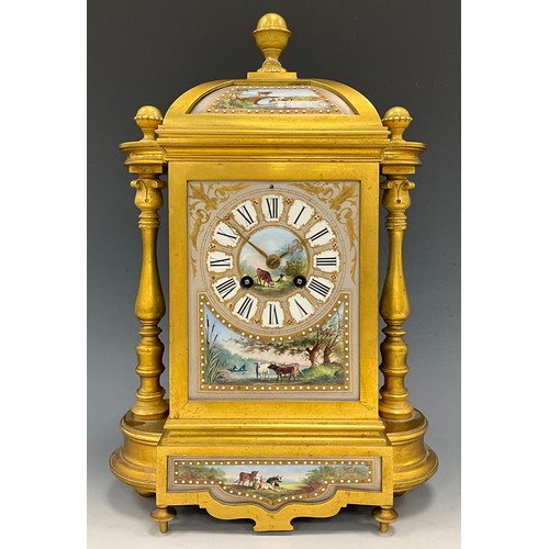 1714 - A 19th century French ormolu and porcelain dome topped mantel clock, architectural case inset with p... 