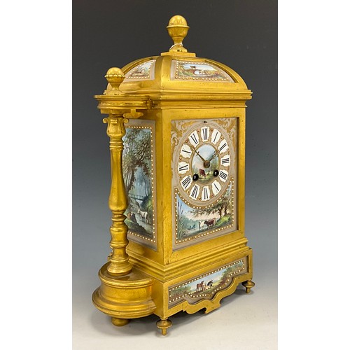 1714 - A 19th century French ormolu and porcelain dome topped mantel clock, architectural case inset with p... 