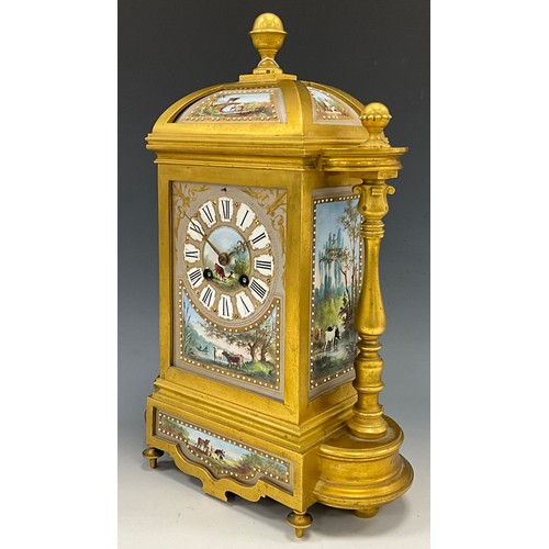 1714 - A 19th century French ormolu and porcelain dome topped mantel clock, architectural case inset with p... 