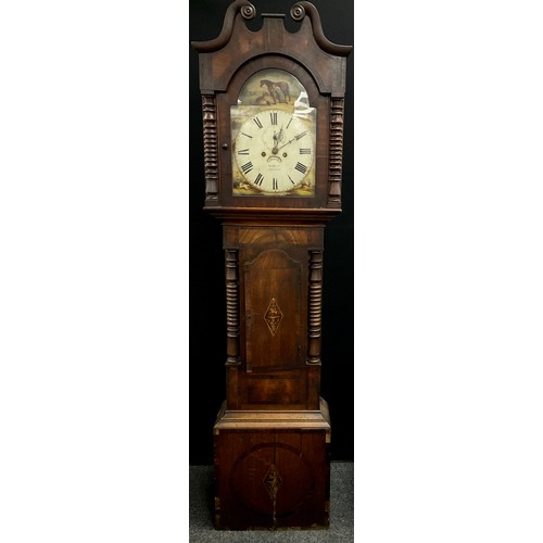 1978 - A William IV mahogany longcase clock, arched painted dial, 33cm, marquetry inlay detail, roman numer... 