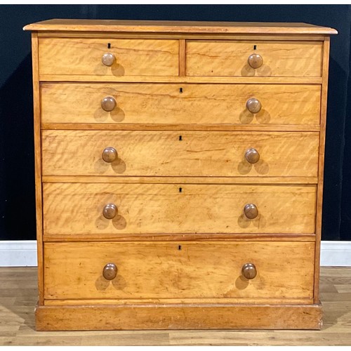 104 - A Victorian satin birch chest, of two short and four long graduated drawers, 118cm high, 114cm wide,... 