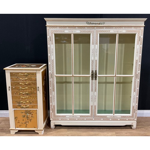 115 - A contemporary Chinese export style display cabinet, 165cm high, 138cm wide, 26cm deep; a similar dr... 