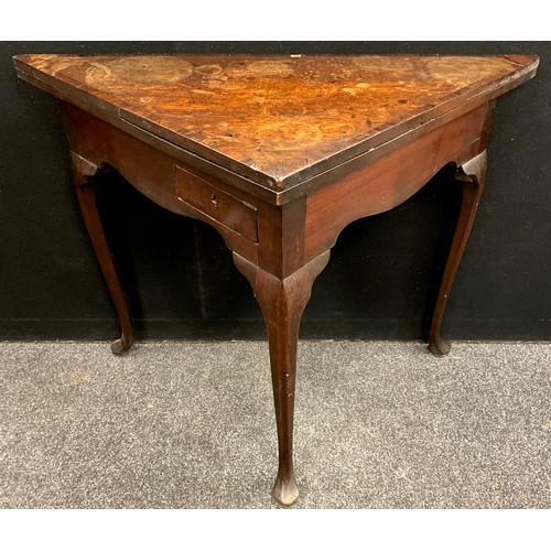 118 - A 19th century mahogany card table, triangular fold over top with rosewood cross-banding, single sma... 