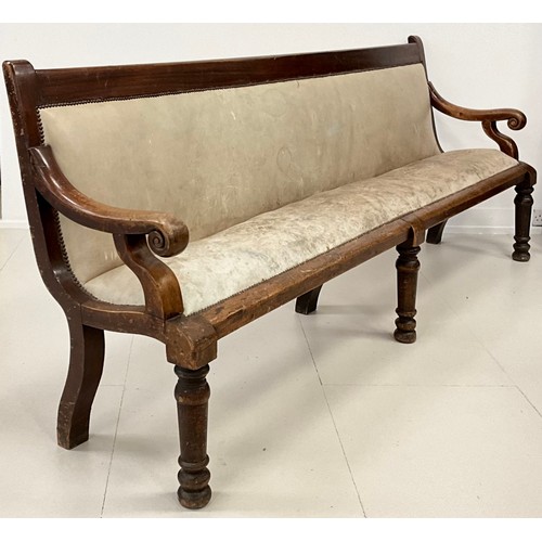 1903 - A George IV mahogany hall settle, scroll arm terminals, s-shape arm supports, leather upholstered, t... 