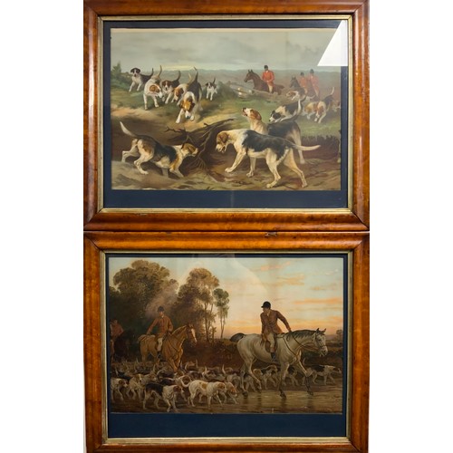 1056 - English School (19th century), a pair of coloured prints, hunting scenes, 53cm x 67cm, maple frames