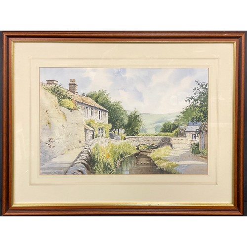 574 - John Rudkin,  Derbyshire cottage and bridge, signed watercolour