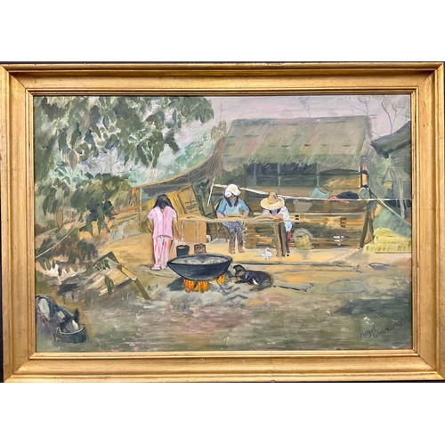 576 - Hazel Wainwright (English School, 20th century) 
Thai Village, Chang Rai 
signed, acrylic on canvas,... 