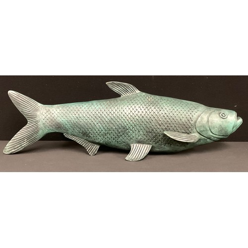 604 - A large verdigris bronze fish, 97cm long, 21.5cm high