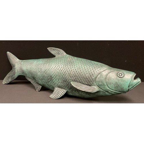 604 - A large verdigris bronze fish, 97cm long, 21.5cm high