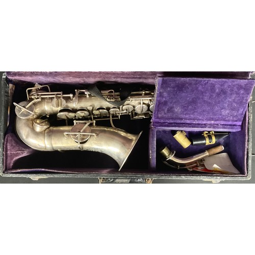 614 - Musical Instruments - an early 20th century silver plated alto saxophone, The Alliance by J.R. Lafle... 